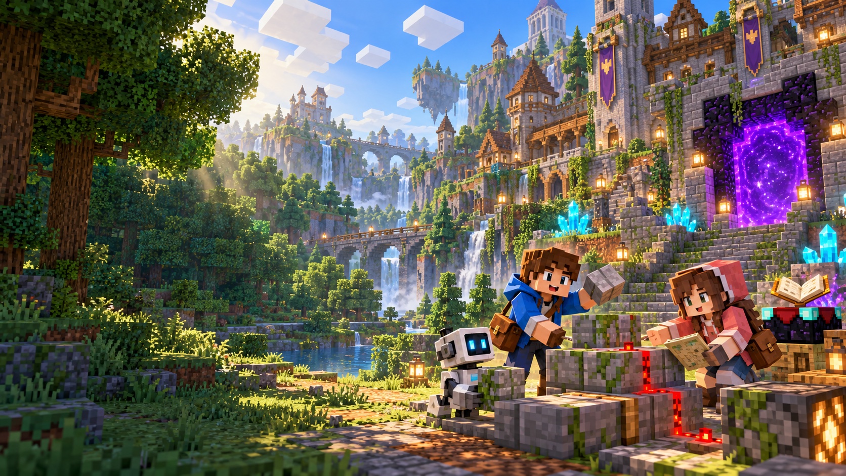 Minecraft 風格的森林魔法學院,兩位方塊冒險者與機器人在傳送門前合作建造