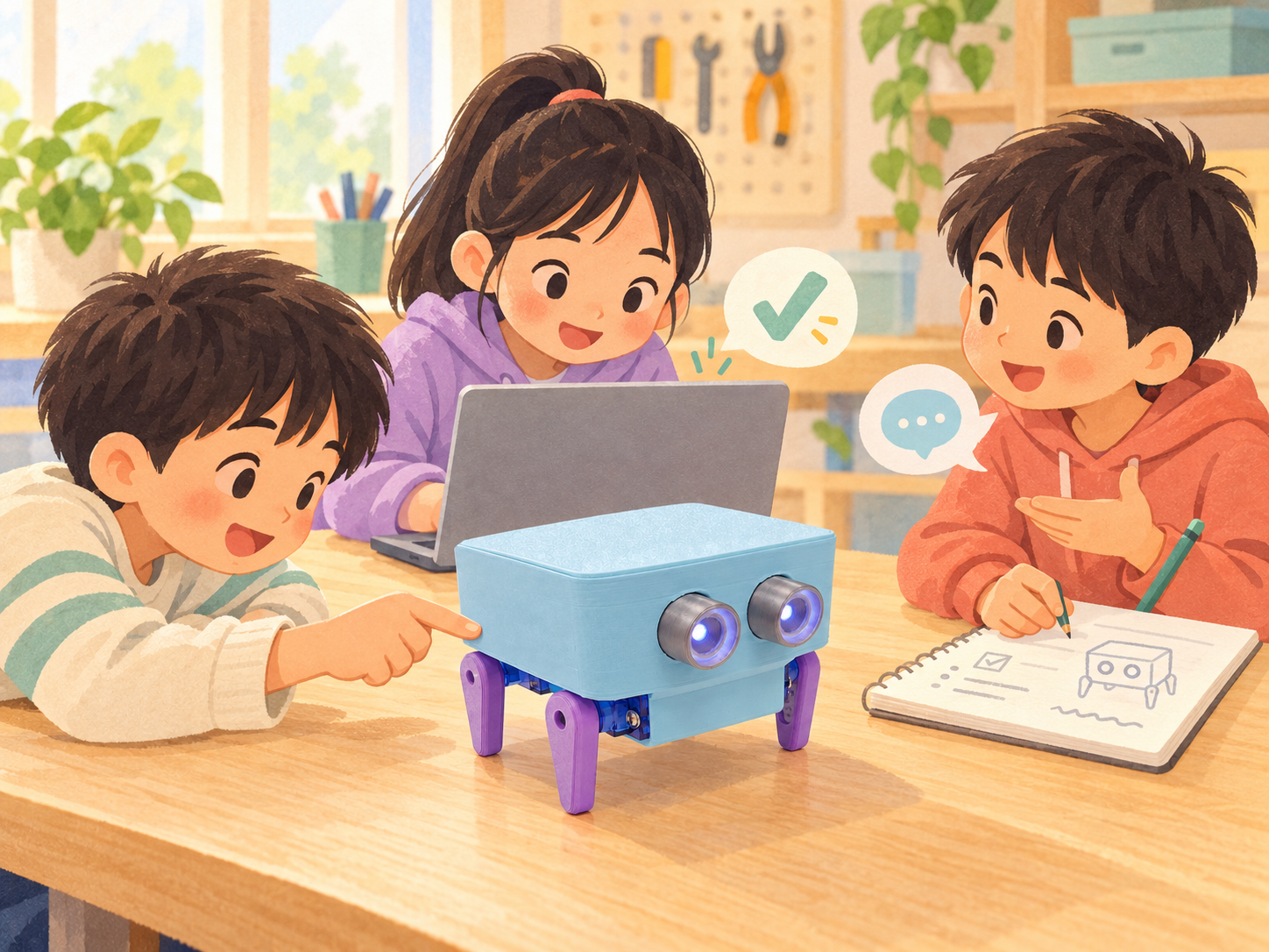 學習情境插畫：孩子觀察四足機器人、操作朝向自己的筆電、記錄測試結果並分享想法